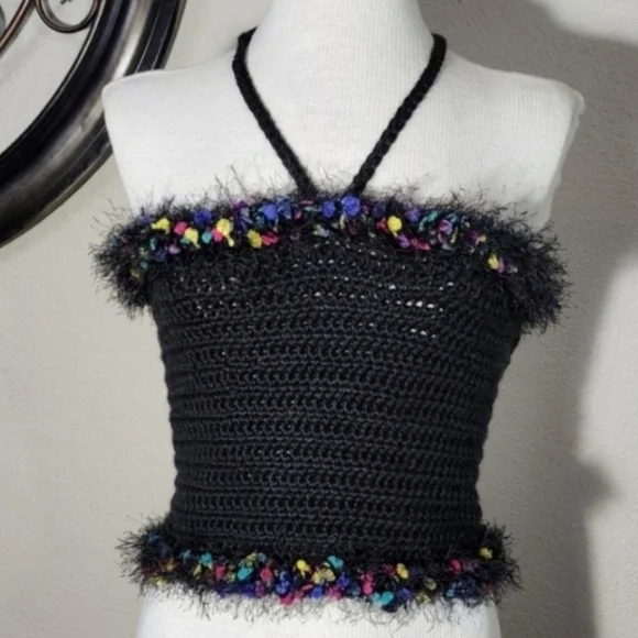 HANDCRAFTED Top Corsetted Cropped Crochet Black Size M - Picture 10 of 13